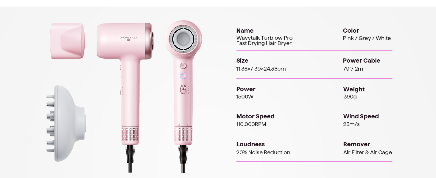 Високошвидкісний фен для волосся Wavytalk TURBLOW PRO з дифузором, 110 000 об/хв, з іонною функцією для зменшення пошкоджень та гладкості, Рожевий