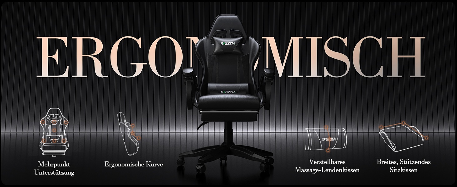 Ігровий крісло Bigzzia з масажем та підніжкою, ергономічний, регульована спинка 90-135°, чорний