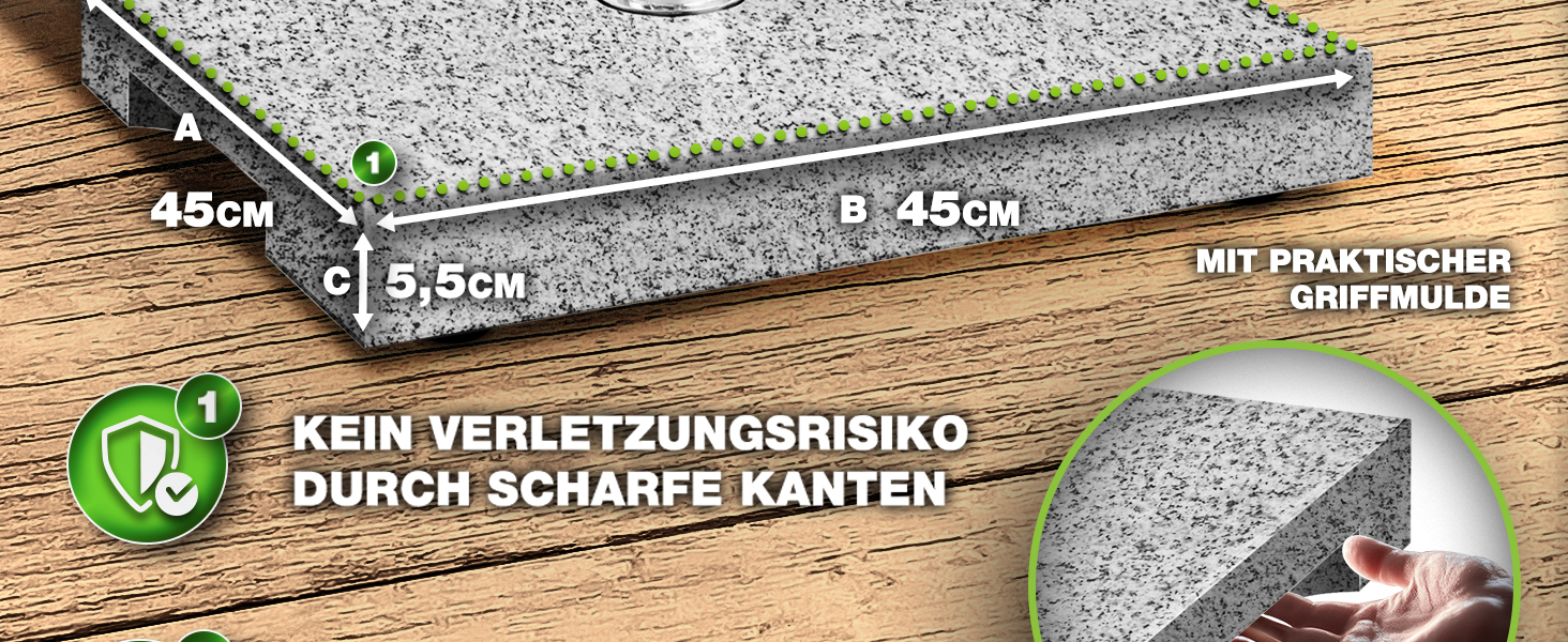 Підставка для парасольки Tillvex® Granit на колесах з ручкою для перенесення, 27 кг | Підставка для парасольки з нержавіючою сталею | Підставка для парасольки на балкон, діаметр 250 см, для стійок 16-48 мм (Прямокутна, сіра)