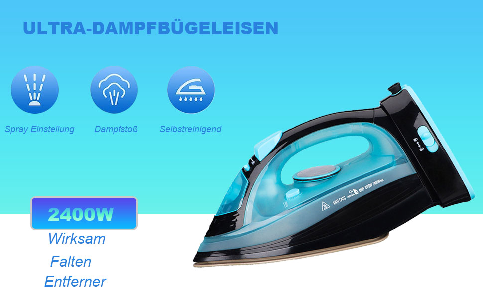 Парове прасування без дротів 2400 Вт: бездрове прасування з керамічною підошвою, вертикальне прасування, захист від накипу, самоочищення та резервуаром для води. Колір: блакитний