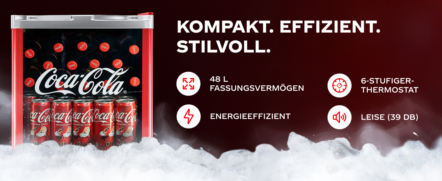 Міні-холодильник для напоїв °CUBES Original Coca-Cola PopArt червоний (48л) з glass-дверцяма, енергоефективний та безшумний — для офісу, геймінгу та вечірок