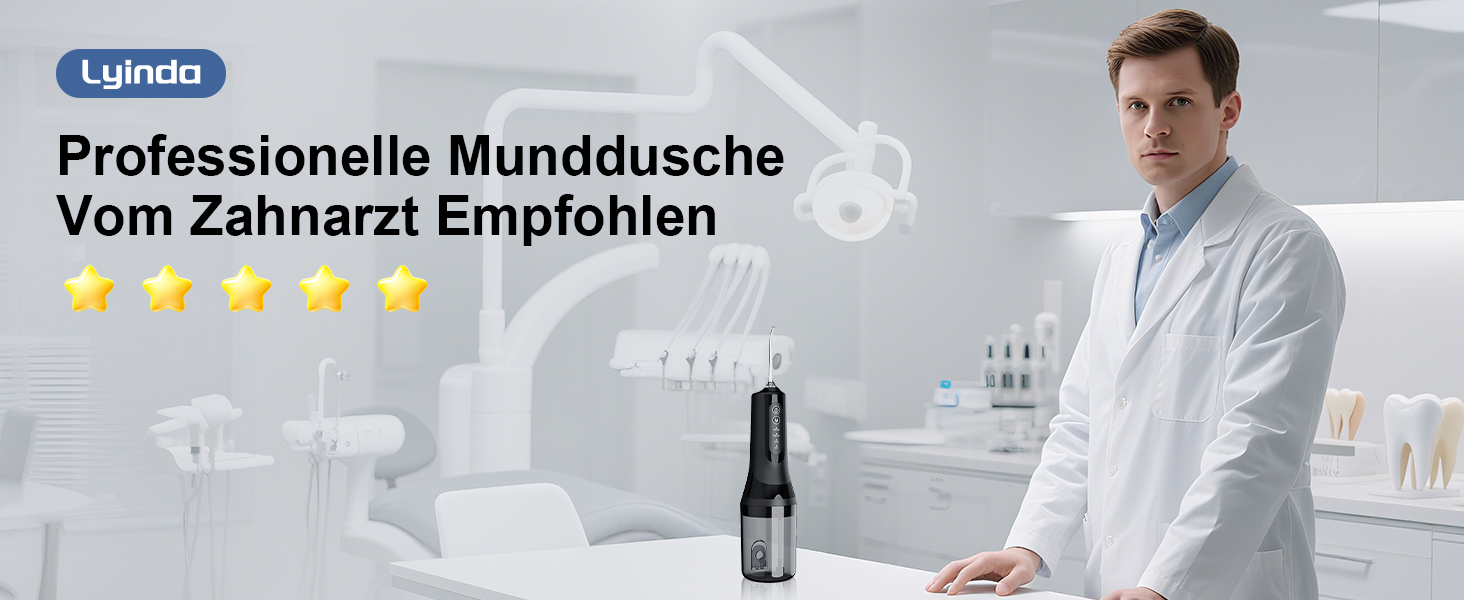 Електрична ірigator для порожнини рота Munddusche: покращена модель 2025, 260 мл резервуар, IPX7 водонепроникність, 5 насадок, 4 режими, для подорожей та дому. Чорний