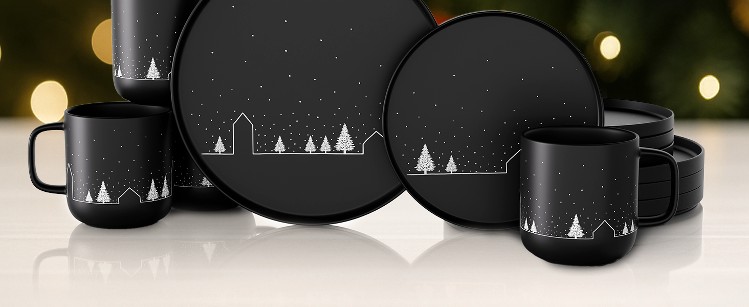 Набір чашок Miamio на Новий Рік, 4 шт, 500 мл (чорні) / Кавові чашки для святкування, мінімалістичний зимовий дизайн, подарунок на Новий Рік, безпечні для миття в посудомийній машині та використання в мікрохвильовій печі – Зимова колекція