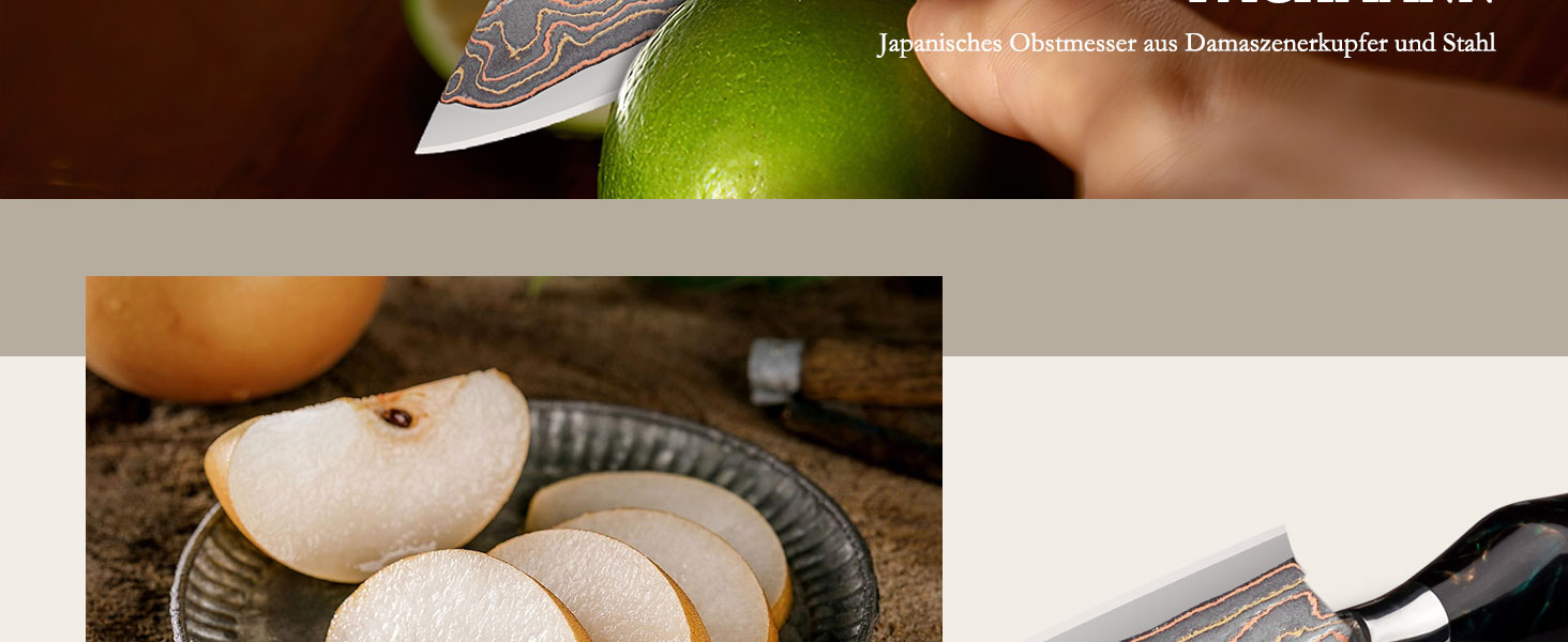 Кухонний ніж SHAN ZU з дамаської сталі з мідним лезом, ручне ковальство, японський ніж, 33 шари дамаської сталі, мідь, професійний, 20 см, серія VENUS. Також: ніж для фруктів 9,5 см