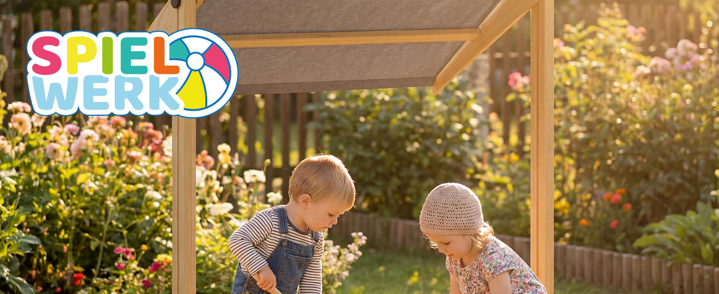 Пісочниця Spielwerk Samu з дахом від сонця 120x120 см, натуральне дерево, захист країв, UV 50, з рівнем наповнення, для дітей