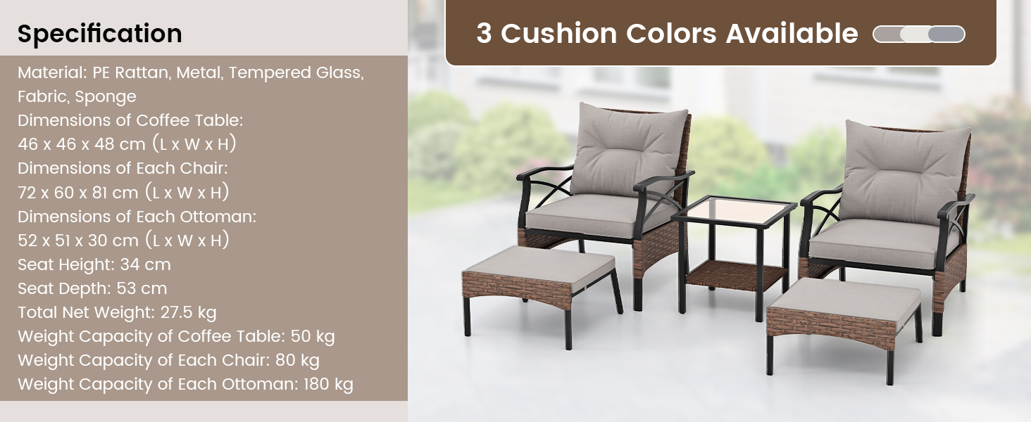 Садовий набір меблів COSTWAY з ротангу, 5 предметів: 2 крісла з подушками, пуф та стіл. Меблі для балкона, тераси, саду, коричнево-сірий колір