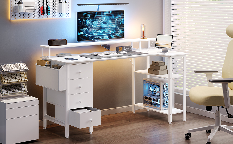 Кутовий стіл Yaheetech L-подібний з розетками, 120 x 68 см, білий. Ігровий стіл з кріпленням для монітора, 4 шухлядами, 2 полицями та кишенькою для зберігання. Для дому та офісу.