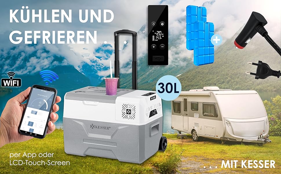 Холодильник KESSER® Kompressor 30л, -20°C, з APP-керуванням, USB, 12/24V/230V, для авто/човнів, сірий