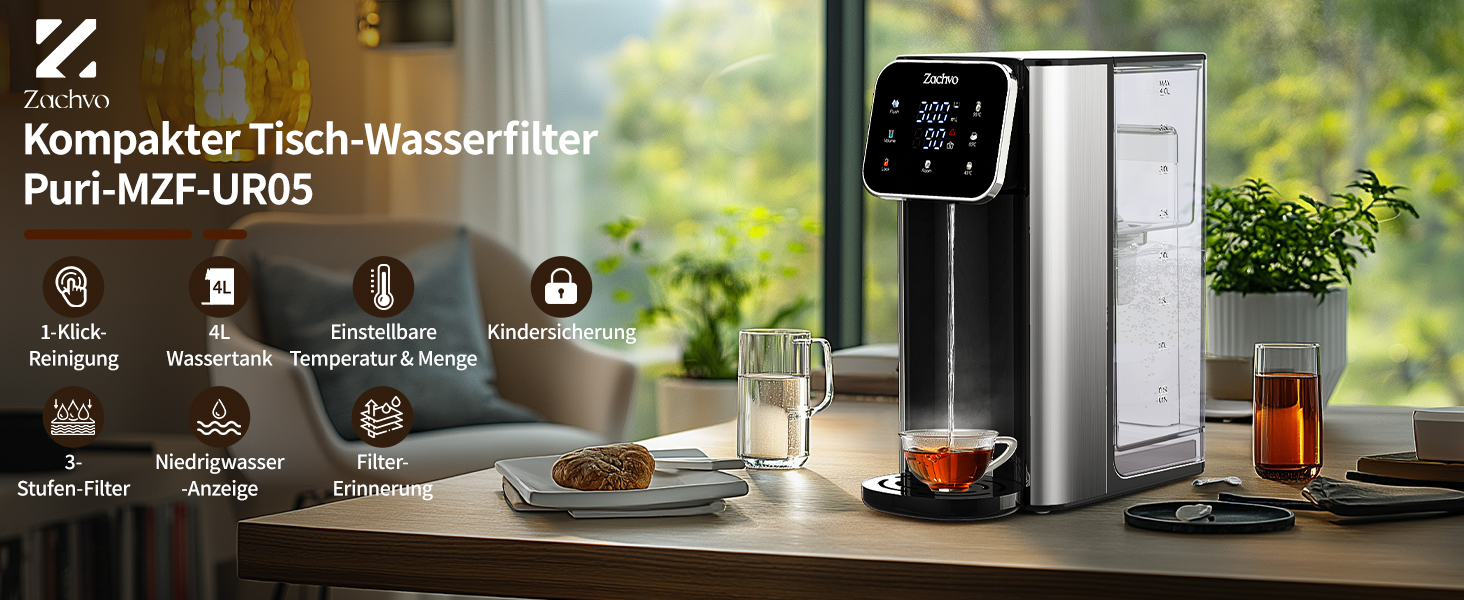 ЗACHVO Дозатор гарячої води UR05-2200W: миттєве гаряче водопостачання, 4 температурні режими, 3 об'єми, 4л бак, компактний та енергоефективний, захист від перегріву, дитячий замок, для кухні та офісу, фільтр з активованого вугілля