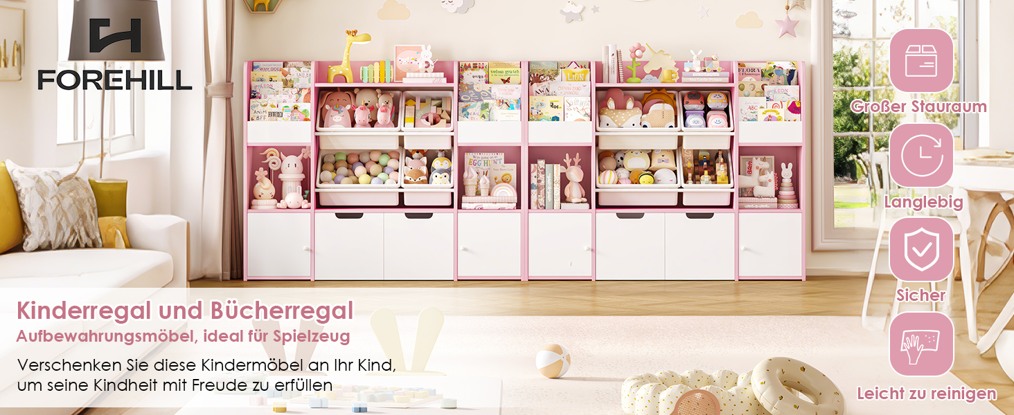 FOREHILL Дитяча полиця для іграшок та книг, стелаж для дитячої кімнати з 4 ящиками, рожевий (126x30x104 см)