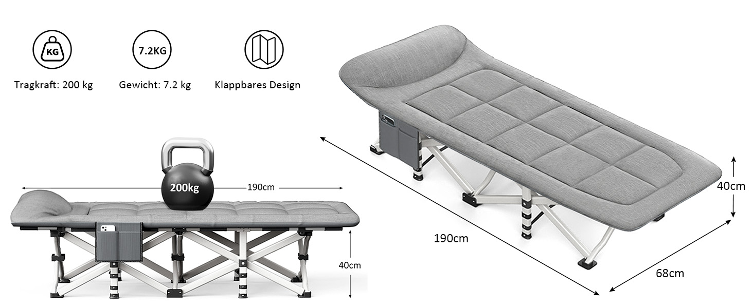 Розкладне кемпінгове ліжко CALIYO, польове ліжко для гостей до 200 кг, 190 x 68 x 40 см, з сумкою для зберігання, світло-сіре