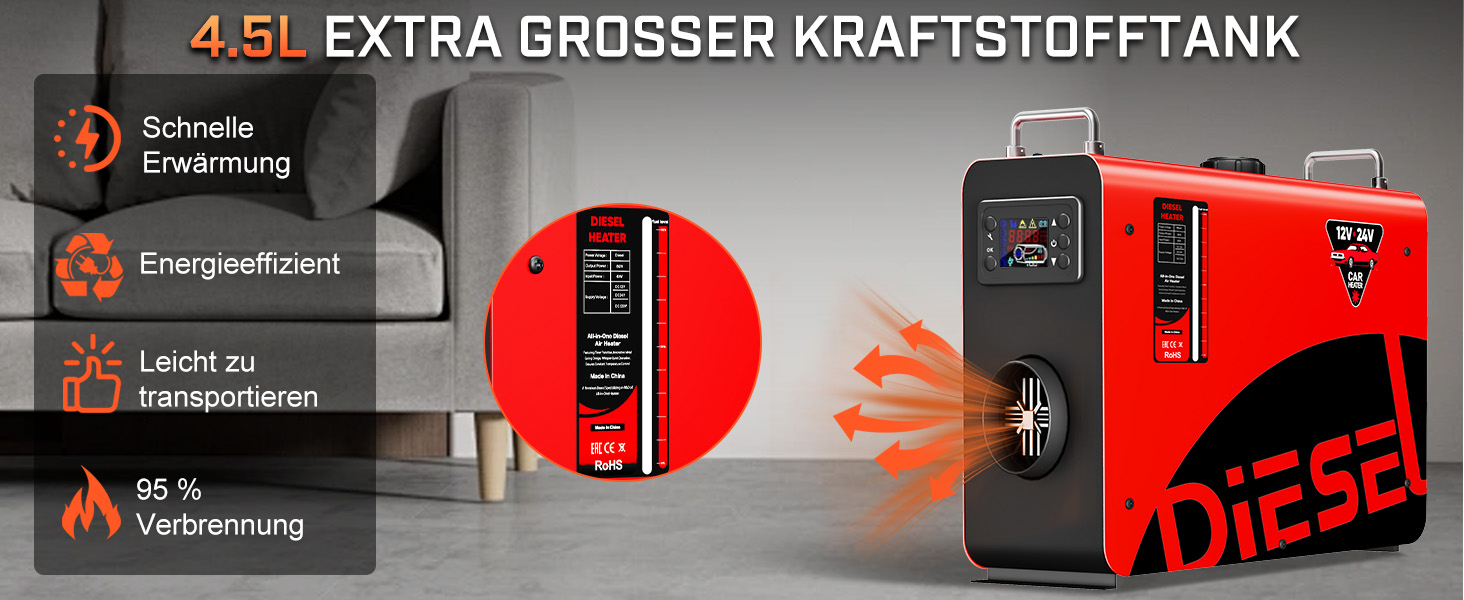 Дизельний опалювач LDHTHOPI 8 кВт, 12/24V з таймером, LCD-дисплеєм та пультом, швидкий нагрів 4.5л, для гаража, кемпінгу, автодому, червоний