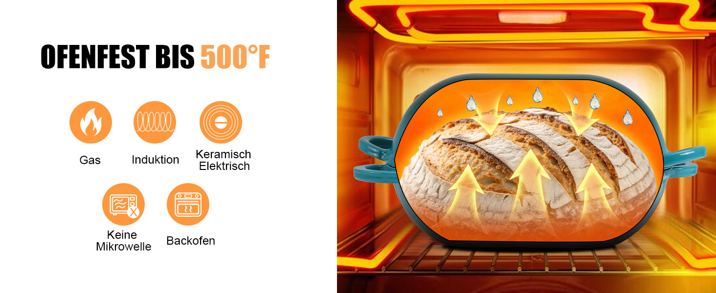 Форма для випікання хліба з кришкою Gusseisen, 23 см, емальована чавунна форма, 2.75 л, для випікання хліба, жаровня з кришкою, сумісна з духовкою (перехідний колір блакитно-зелений)