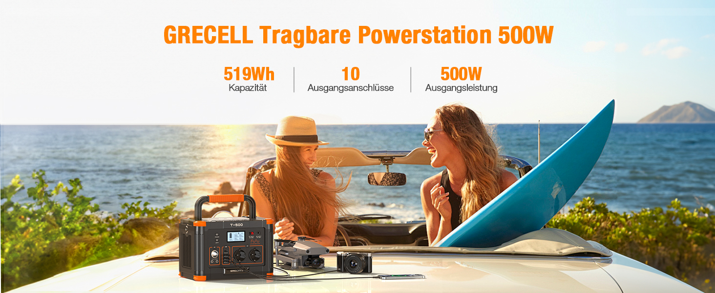 Портативна електростанція 500W (пікова 1000W), 519Wh сонячний генератор для кемпінгу, риболовлі, подорожей, резервне живлення, 2 розетки 230V AC, 10 портів