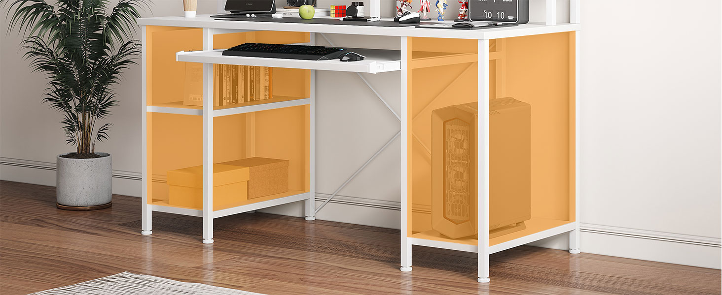 Комп'ютерний стіл для дому та офісу з підставкою для клавіатури, геймінговий стіл з підставкою для монітора та CPU-стійкою, сучасний стіл для навчання та роботи, білий, з полицями