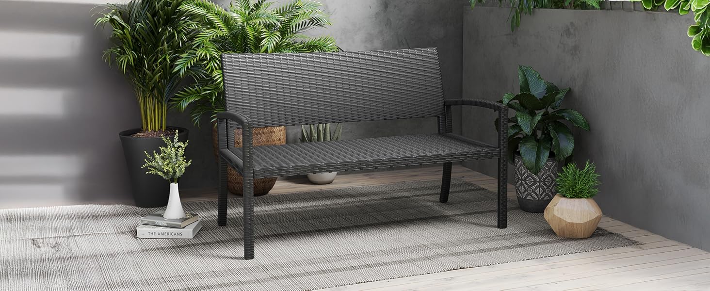 Садова лавка Udpatiо з ротангу для тераси, балкона та саду, чорна 123x63x86 см, витримує до 320 кг