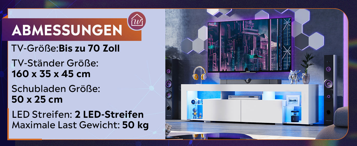 Тумба під телевізор WLIVE з LED підсвіткою, біла, 160x35x45 см, для телевізорів до 70 дюймів, з відкритими полицями та 2 шухлядами для вітальні