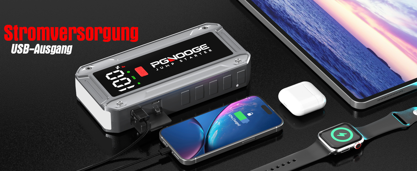 Бустер автомобільного акумулятора Starthilfe Powerbank 26800mAh 6000A з LED-ліхтарем та дисплеєм для авто, SUV, мотоциклів та газонокосарок (silver)