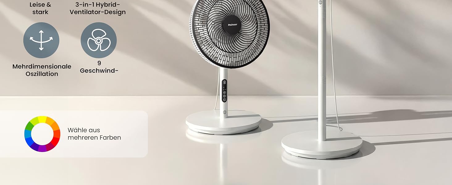 Вентилятор підлоговий Pro Breeze AirFlo Slim: 3 в 1, 70/100/130 см, 9 швидкостей, тихий, з пультом, таймером, для спальні та офісу (білий)
