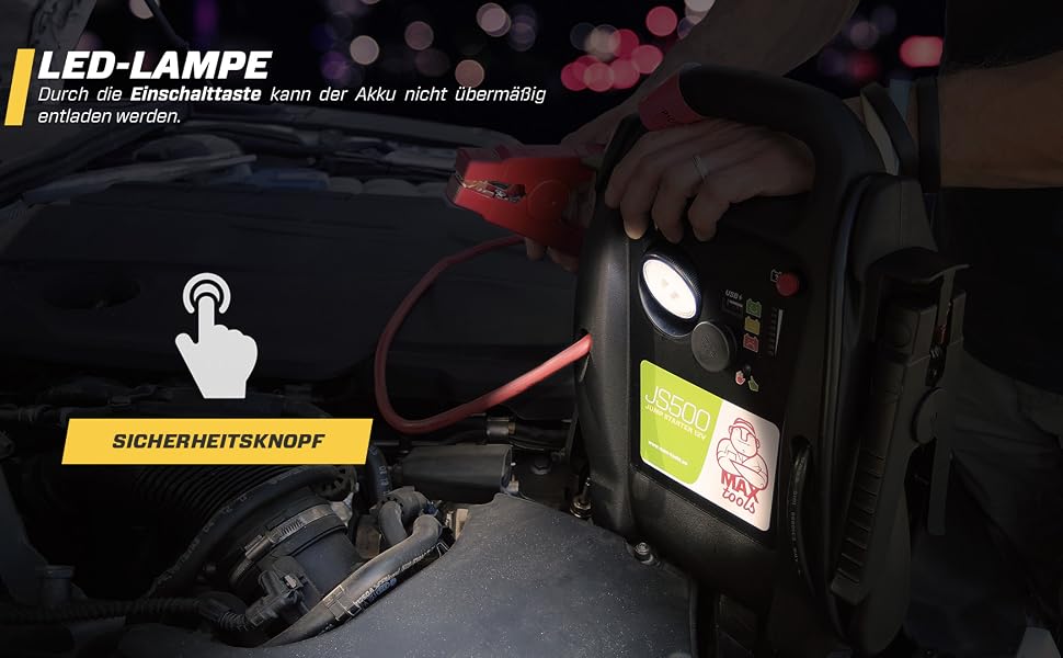 Бустер для авто MAXTOOLS JS500 2200A 22Ah: пусковий пристрій (джампстартер) для 12V дизельних та бензинових двигунів, Powerbank з LED-ліхтарем та USB