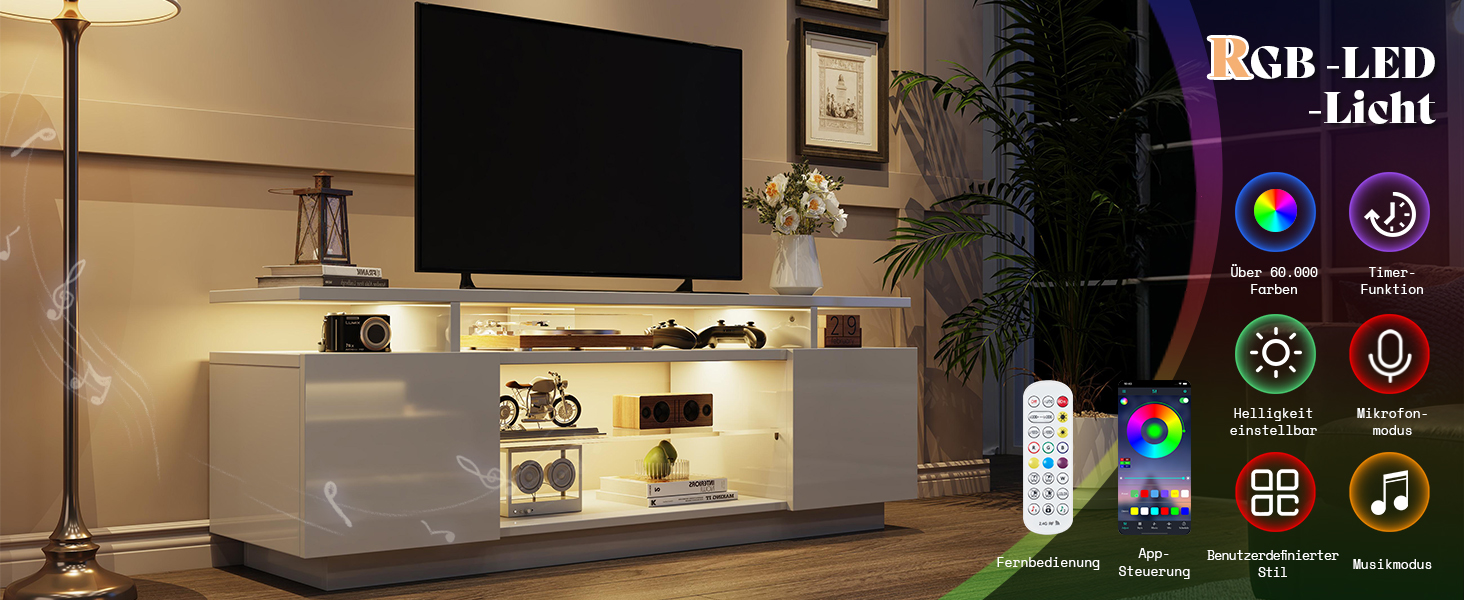 Тумба під TV Luxoak з LED підсвічуванням, білий глянцевий лак, 160x38.5x54.5 см. Підходить для телевізорів до 75 дюймів, з 2 дверцятами та регульованою скляною полицею. Для вітальні та спальні.