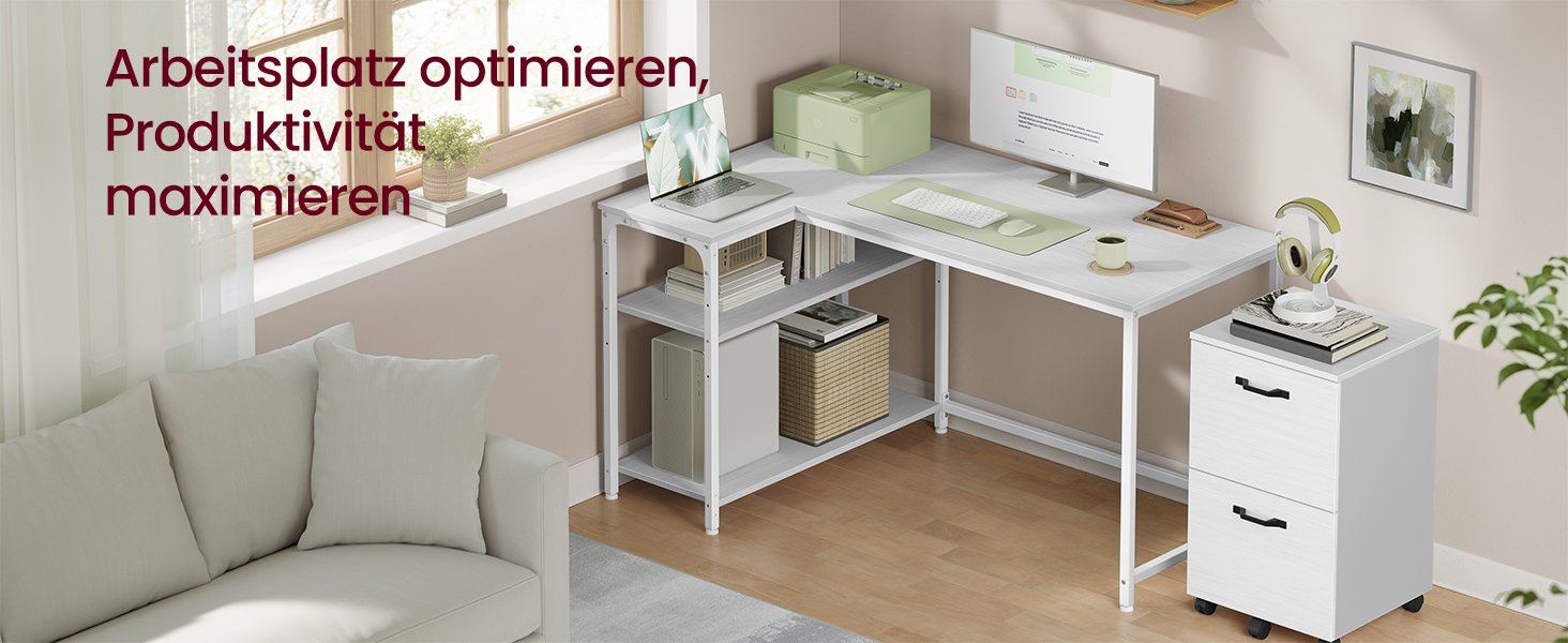 Кутовий стіл VASAGLE L-подібної форми з полицею, для офісу вдома, 120 x 80 см, Ahornweiß (без розетки)