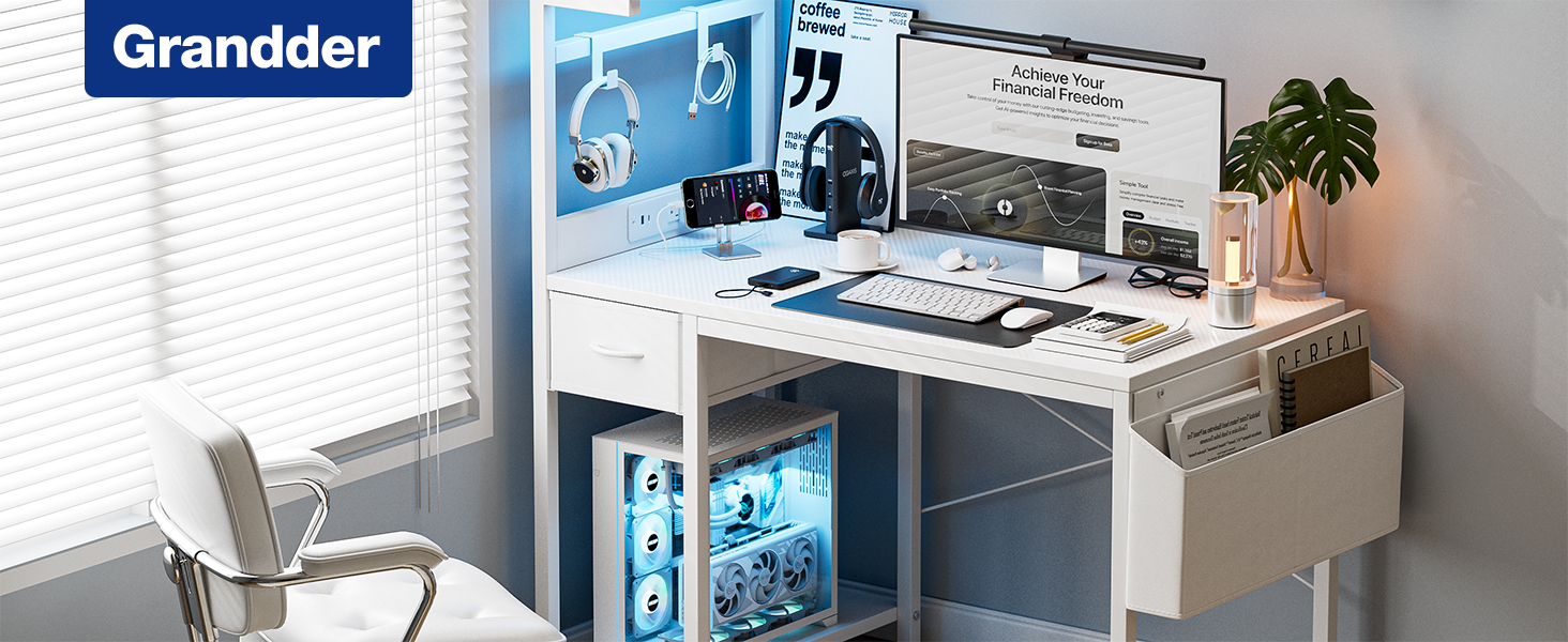 Ігровий стіл Grandder 120 см з розеткою та LED-підсвіткою, білий. Комп'ютерний стіл з регульованими полицями та ящиком, для дому та офісу 120 x 50 см