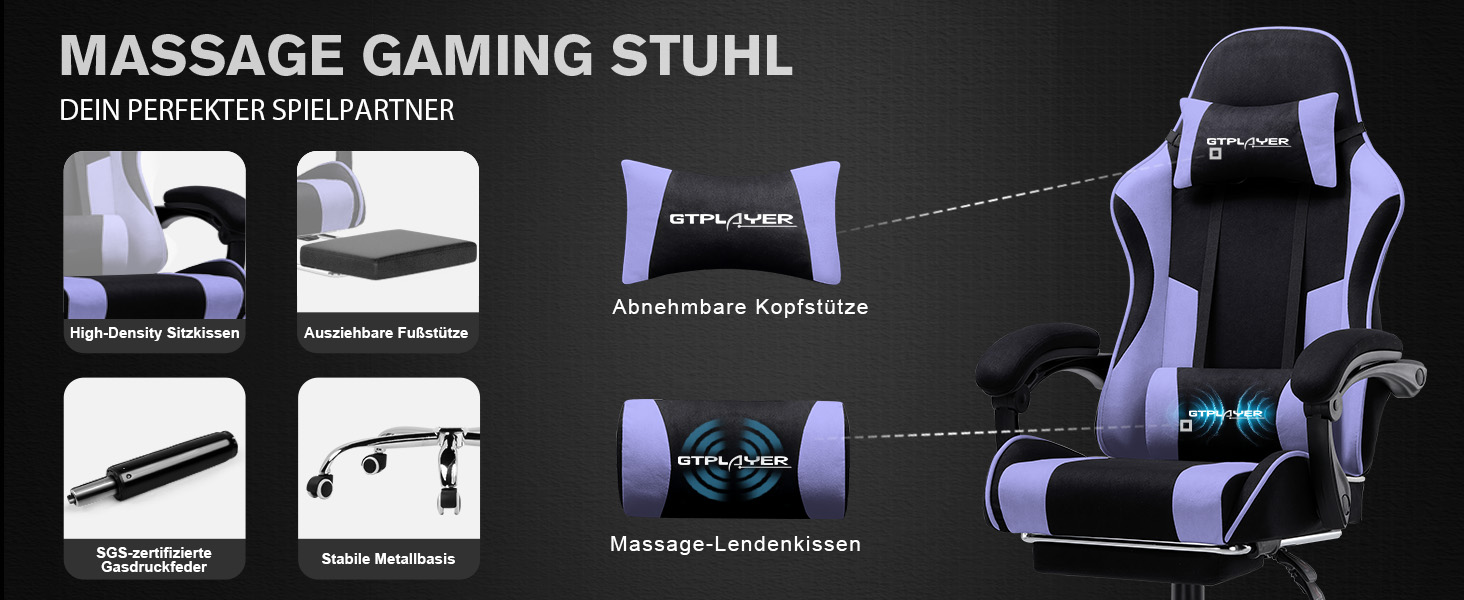 Ігровий крісло GTPLAYER з масажем, ергономічний, з підніжкою та підголівником, білий (фіолетовий, тканина)