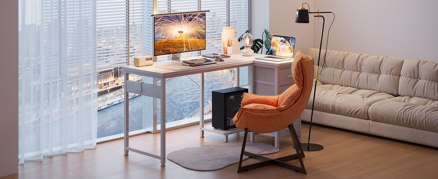Комп'ютерний кутовий стіл Coleshome 100x70 см з 4 висувними ящиками, білий, для офісу, кабінету, спальні