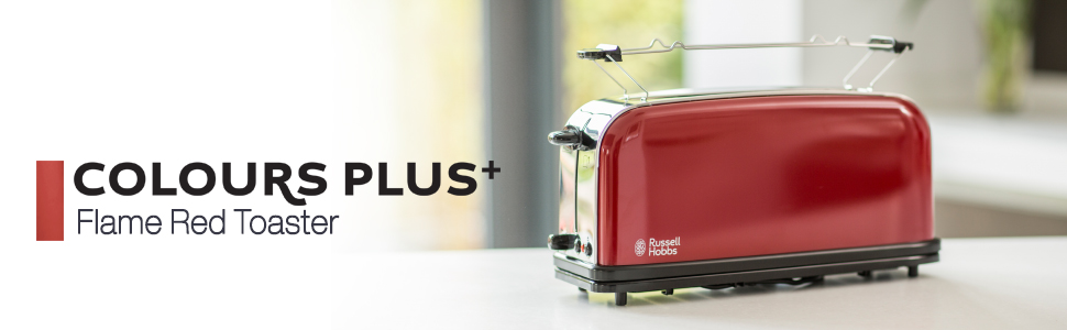 Тостер Russell Hobbs Colours+ Нержавіюча сталь, Червоний – 2 широкі слоти, підставка для булочок, 6 режимів, розморожування, 1000 Вт