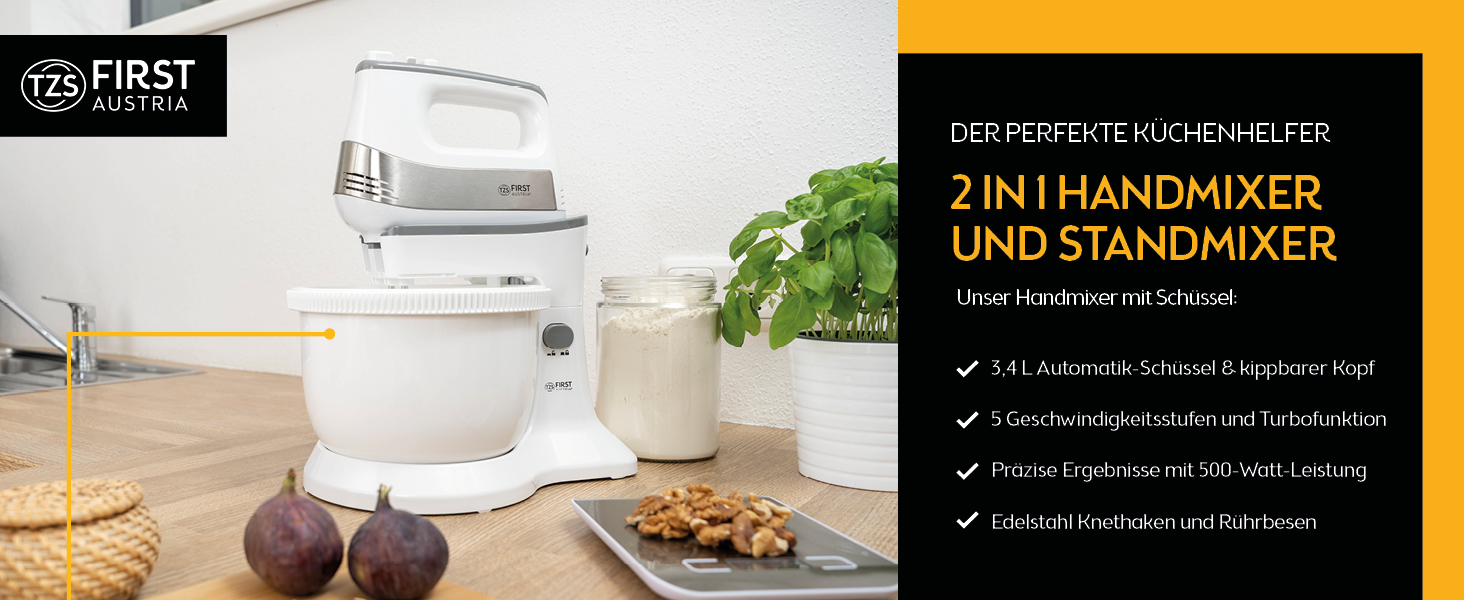 Ручний та стаціонарний міксер TZS First Austria 3.4л, 500W, 5 швидкостей, турбо-режим, гак для тіста, вінчик