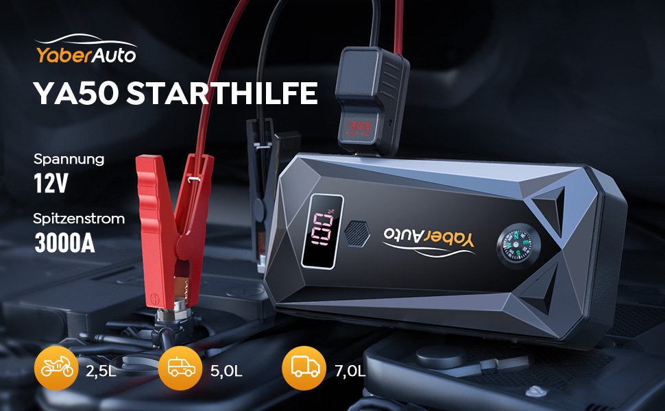 Портативний акумулятор YaberAuto для запуску двигуна з LED-ліхтариком, 4500A, 21800mAh (YA50 3000A) - для бензинових та дизельних двигунів