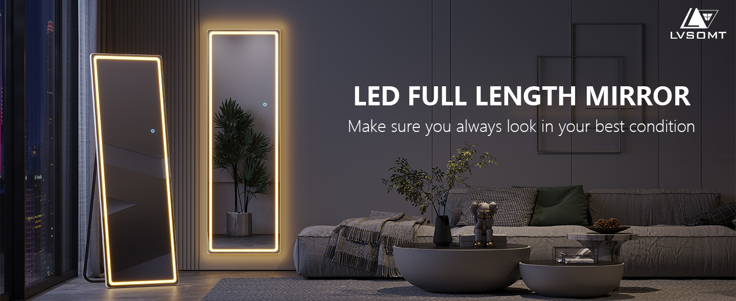 Дзеркало підлогове з LED підсвіткою LVSOMT 153x50 см, повномірне, для спальні та макіяжу, настінне, велике, біле світло