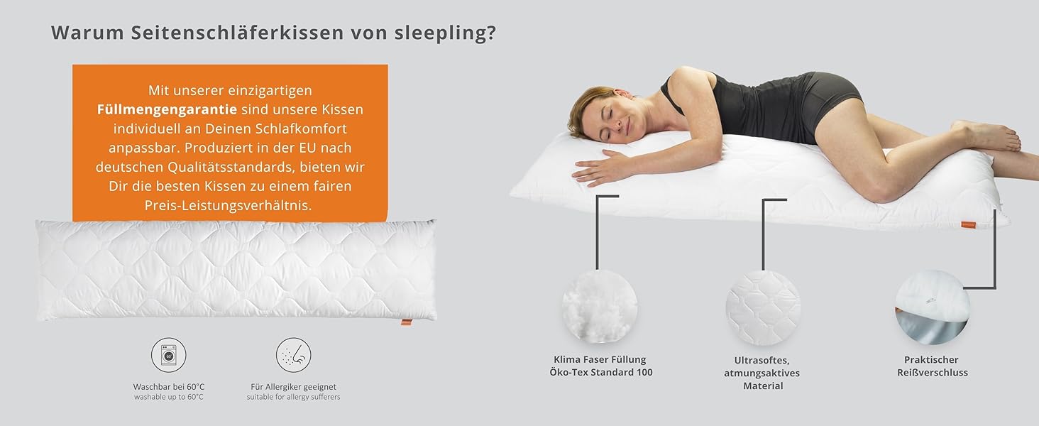 Подушка для сну на боці sleepling (Body Pillow) 40 x 145 см, м'яка мікрофібра, гіпоалергенна, Ökotex, з наволочкою