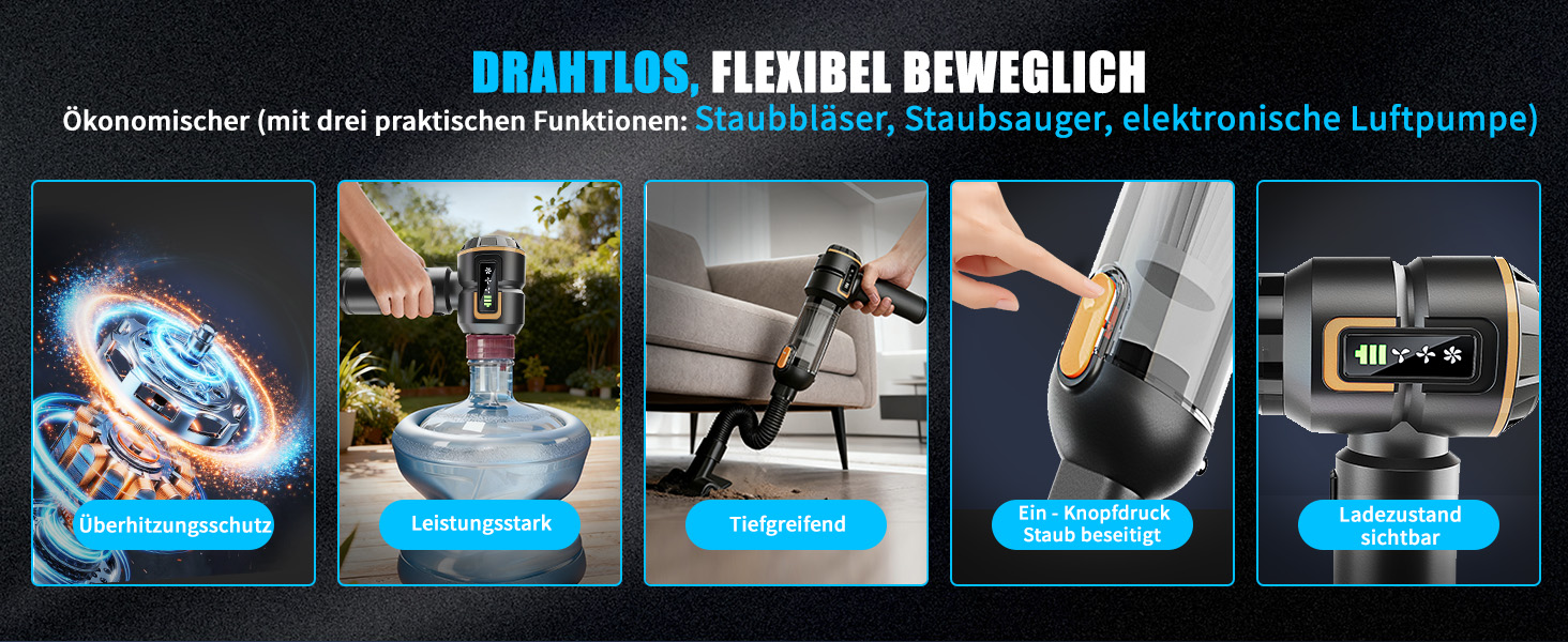 Акумуляторний ручний пилосмок для авто та дому 23000Па, міні-пилосмок з функцією продувки та насоса, 6000mAh, чорно-золотий