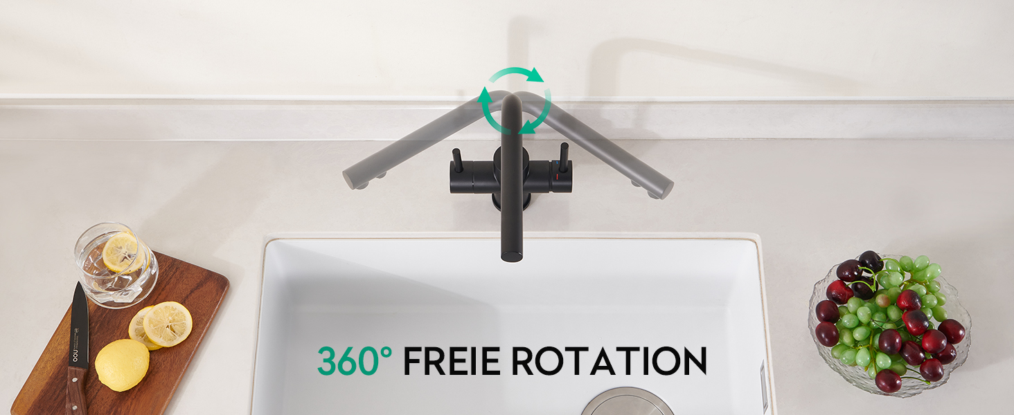 Змішувач кухонний CREA 3-х режимний, нержавіюча сталь, поворотний 360°, для фільтрованої води, чорний матовий