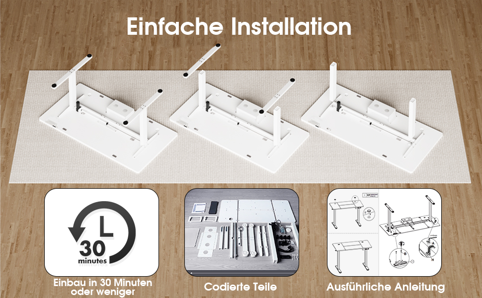 Регульований стіл 140x80 см з USB-C зарядкою, органайзером для кабелів та функцією пам'яті, білий