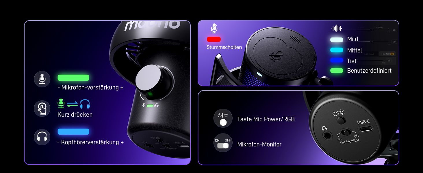 Мікрофон MAONO DM40 Pro бездротовий для ПК з RGB підсвіткою та ШІ-зміною голосу, шумозаглушення, для геймінгу, подкастингу та стрімінгу (чорний)