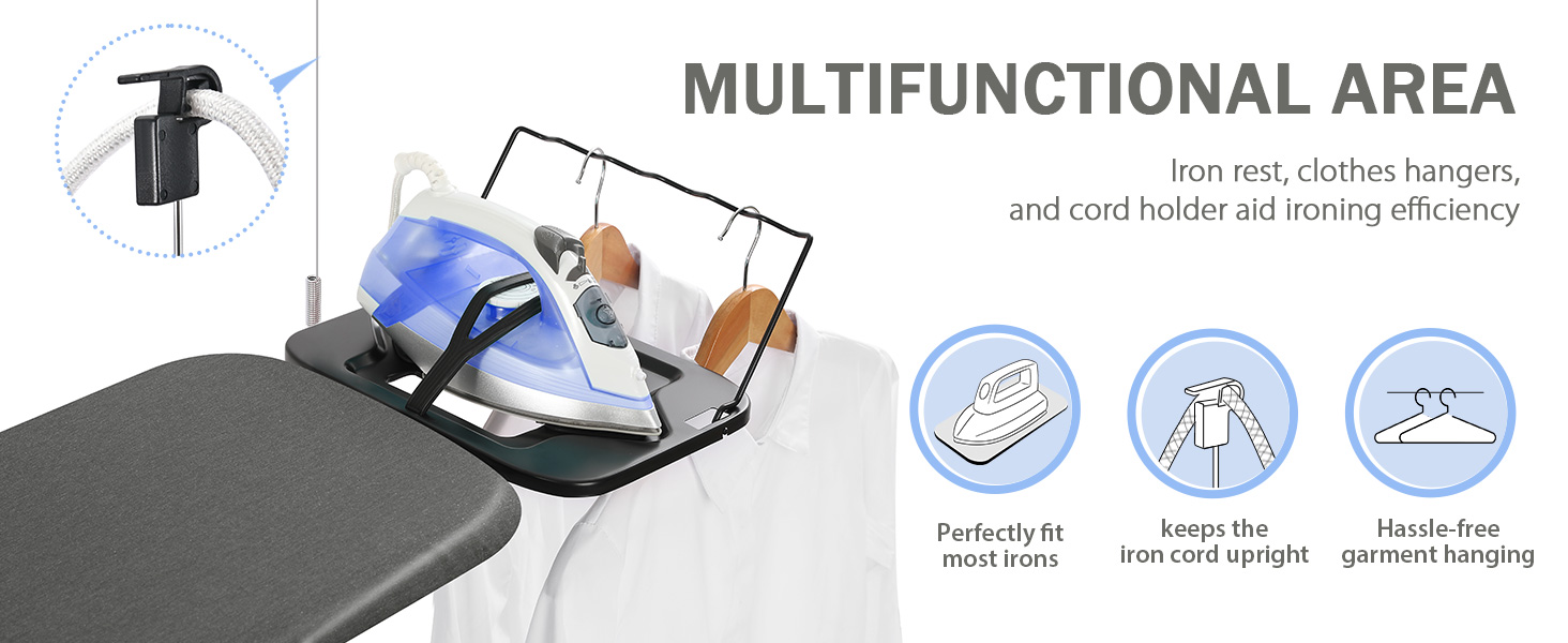 Прасувальна дошка KINGRACK з гачком для зберігання, дуже товстий чохол, 7 регульованих по висоті, протиковзкі ніжки, чорний