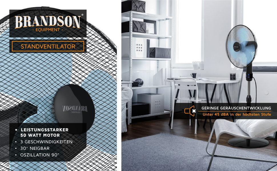 Вентилятор підлоговий Brandson 50 Вт, 40 см, з пультом, 3 швидкості, поворот 80°, регульована висота та кут нахилу 30°