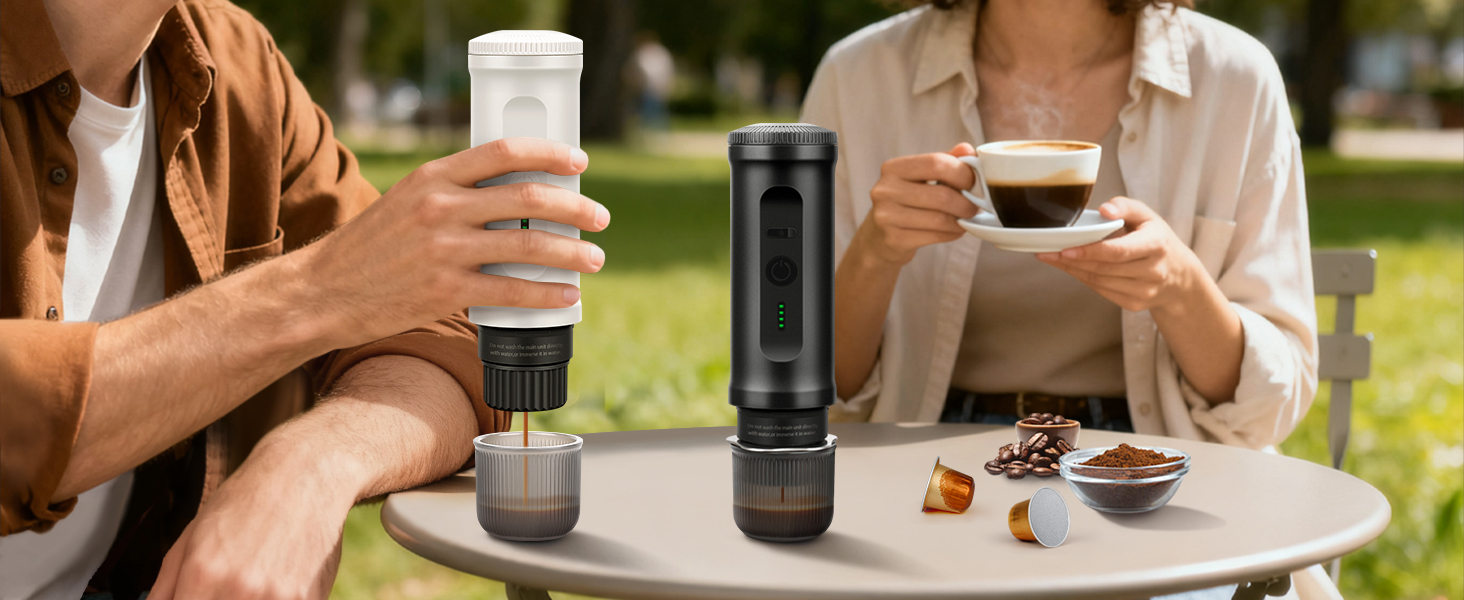 Портативна кавомашина ICARE з акумулятором, 2-в-1 для капсул NS та меленої кави, самонагріваюча, USB-C, індикатор заряду, для кемпінгу, подорожей та в дорогу (Чорний)