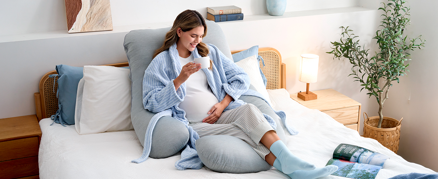 Вагітний подушок Momcozy з кристанового велюру U-подібної форми - подушка для вагітних, для сну на боці (145 см) - знімає напругу з спини та стегон (Світло-сірий, U-подібний)