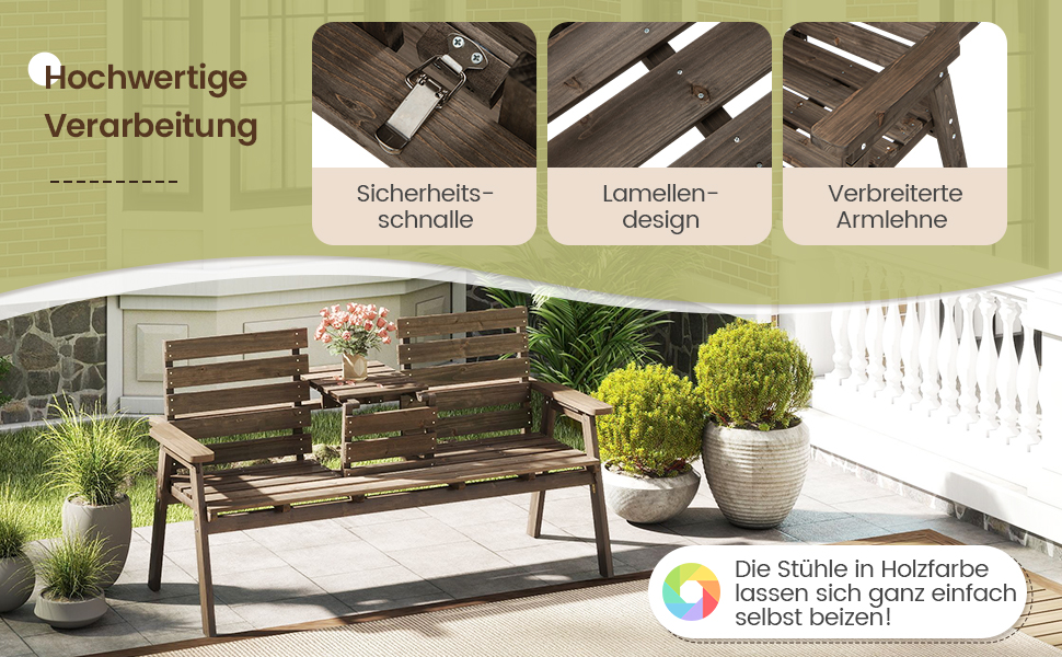 Лавка для саду COSTWAY з журнальним столиком, дерев'яна лавка на 2-3 особи, міцна лавка для тераси, балкону та саду, до 320 кг, 160 x 64 x 86 см, колір: натуральний