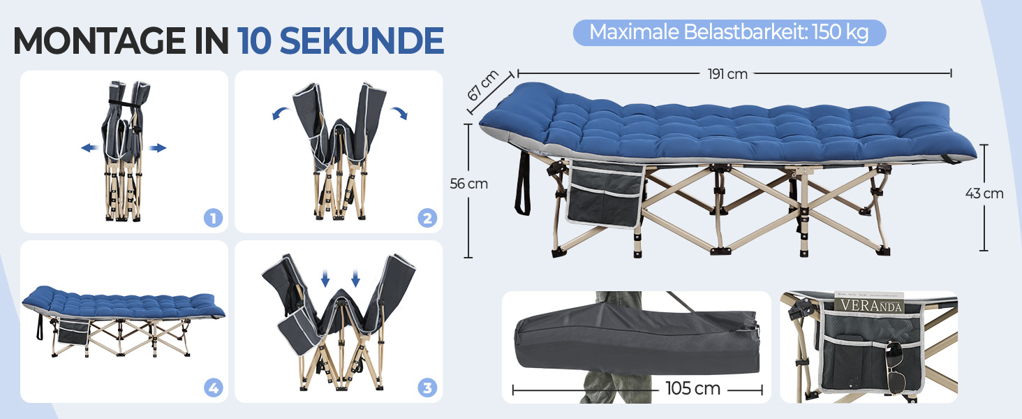 Розкладне кемпінгове ліжко Yaheetech з матрацом та сумкою для перенесення, гостьове ліжко для відпочинку та саду, 191 x 67 см, витримує до 150 кг (Блакитний/Сірий)