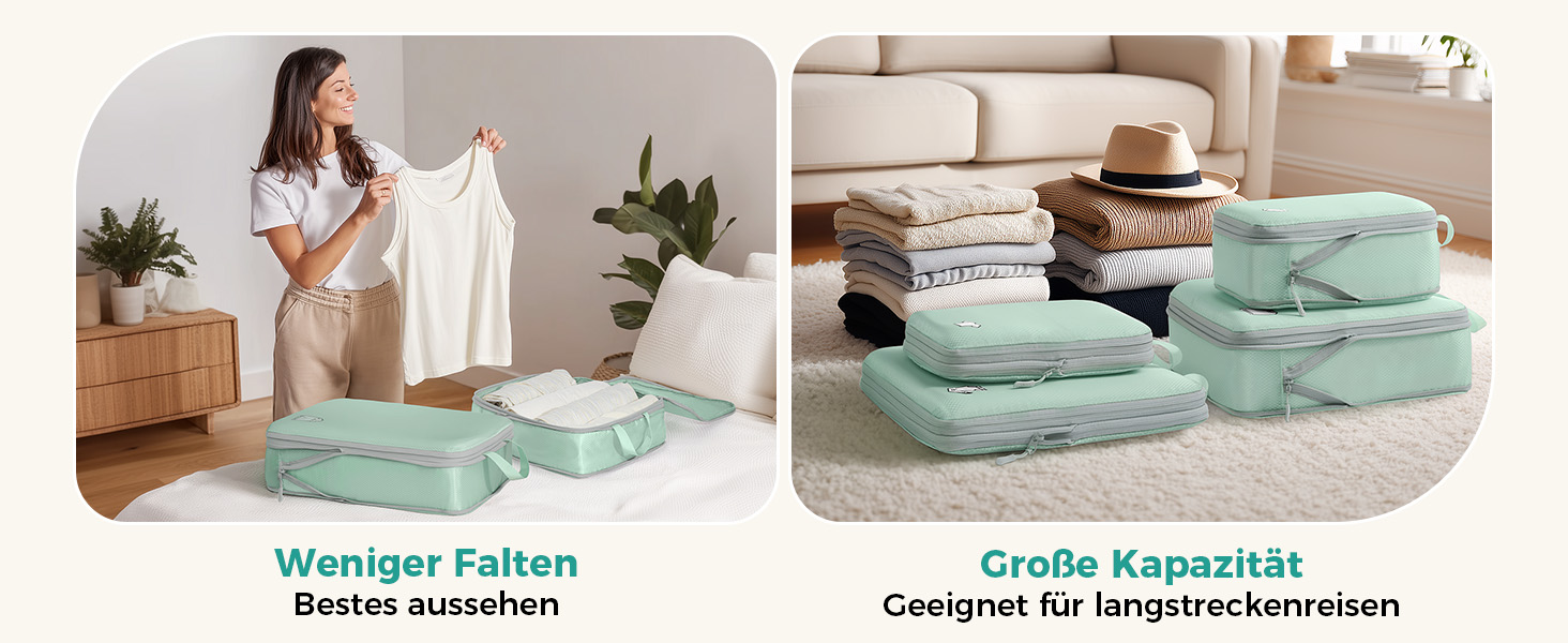 Набір органайзерів для подорожей у валізу з компресією, 8 водонепроникних пакувальних кубів для ручної поклажі та рюкзака, зелений колір