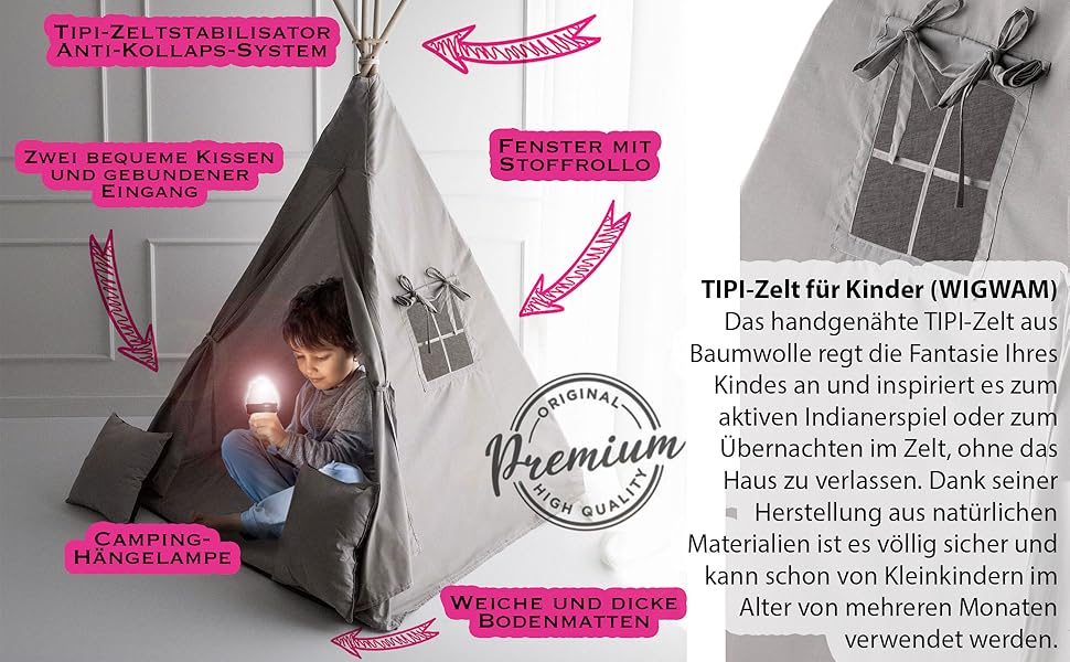 Дитяче намет-типі Tipi PaLulli® з бавовни, килимком, лампою та декоративними подушками (Рожевий)