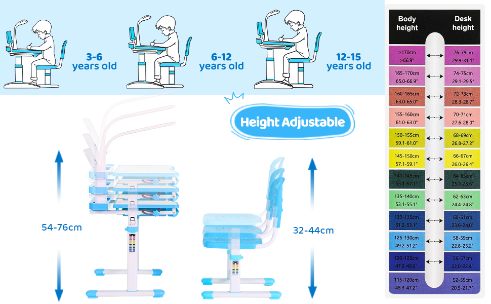 Дитячий письмовий стіл і набір стільців, регульований по висоті, з лампою та підставкою для читання (синій)