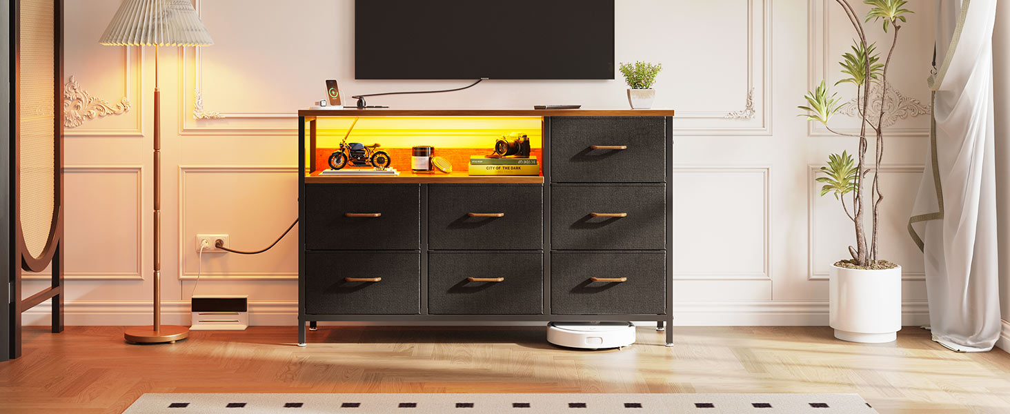 Комод Coleshome з висувними ящиками, LED-підсвічуванням, 2 USB-портами та розетками, 7 тканинних ящики, 132*30*89 см (Ретро колір)