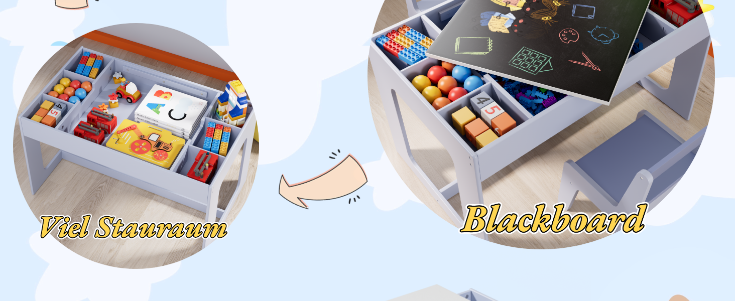 Дитячий стіл та комплект стільців Mamizо з місцем для зберігання, блакитний. Підходить для дитячої кімнати, школи, дитячого садка, від 3 років.