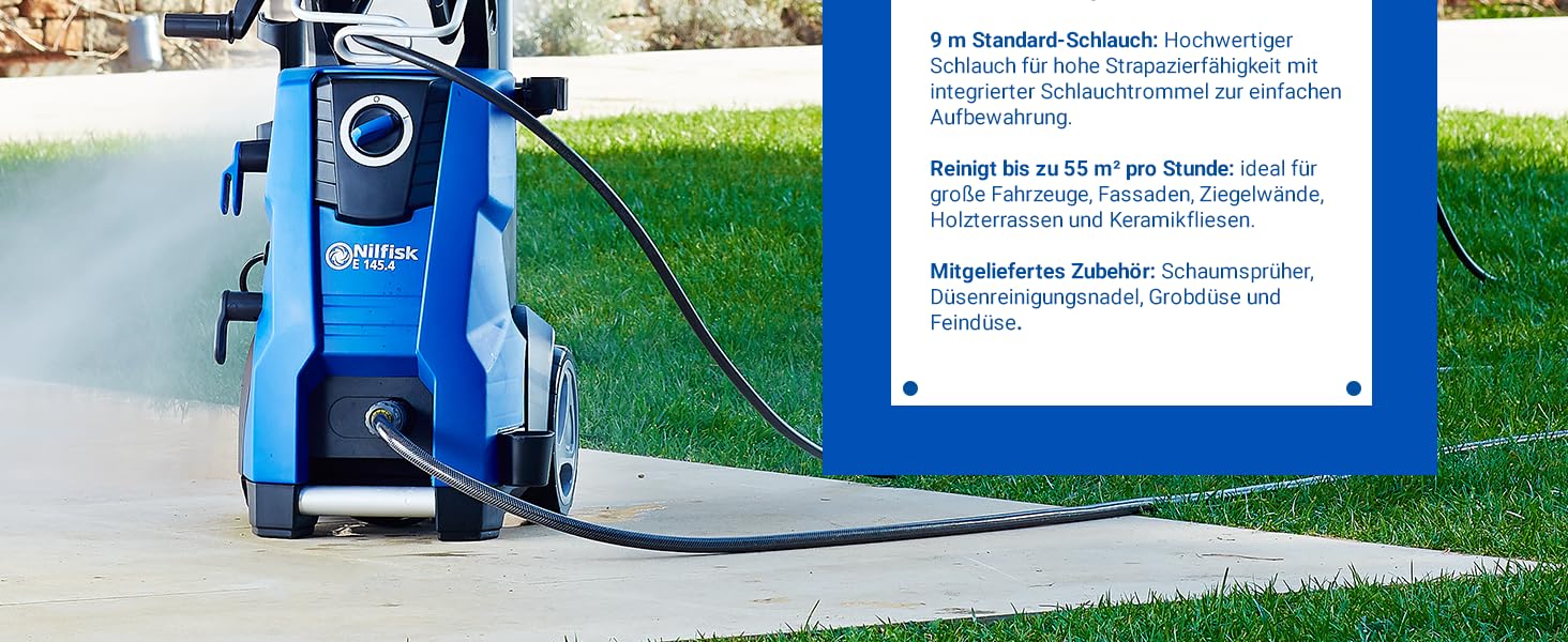 Мийка високого тиску Nilfisk E 145 Bar з пінотворечем, насадкою для миття поверхонь, щіткою та набором для чищення труб (2100 Вт)